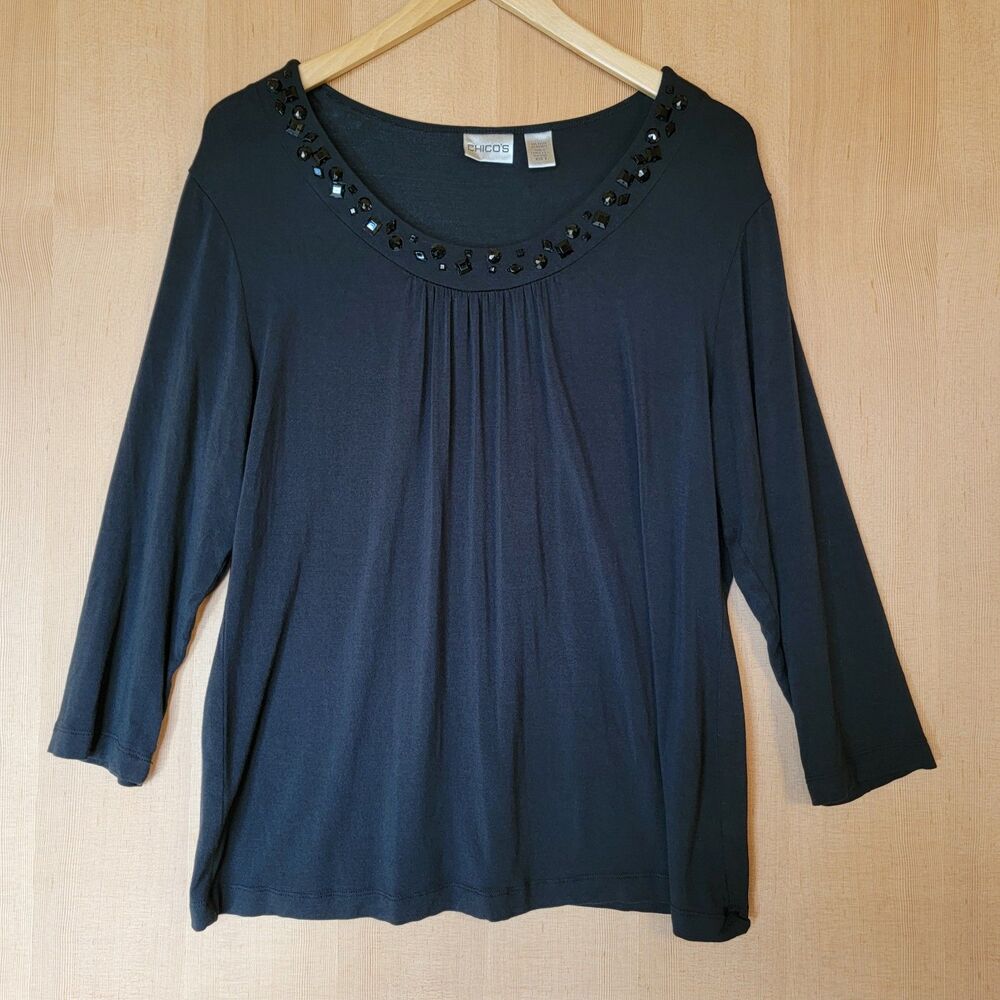 Chico's Women's 3 Black Embellished Scoop Neck Top Effortless Elegance